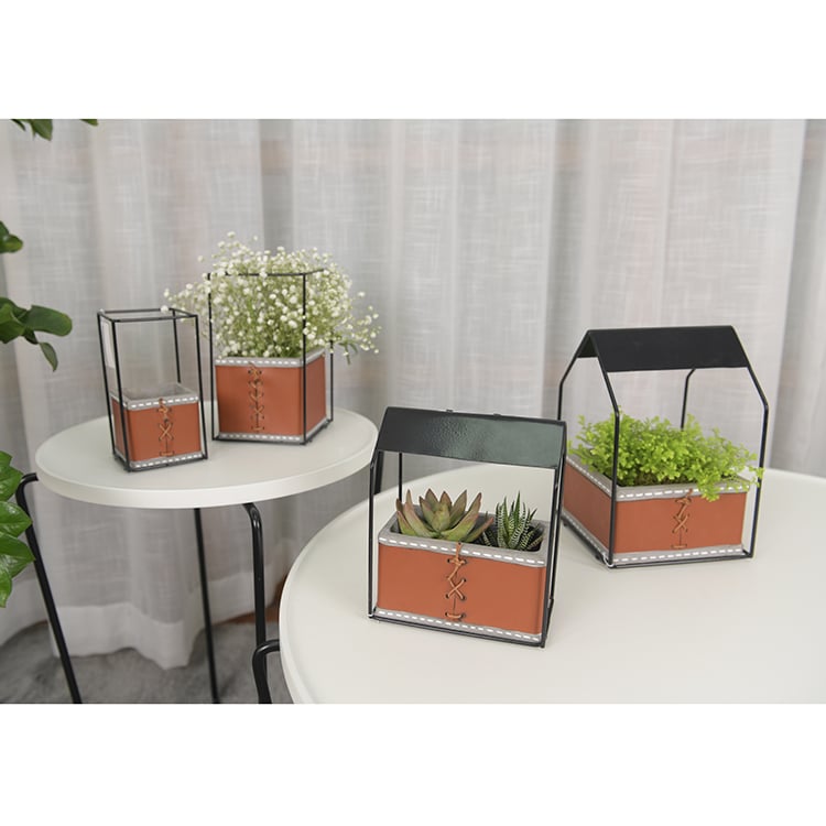 House Shape Metal Bracket Decorative Planter Leather Cover Cement Flower Pot