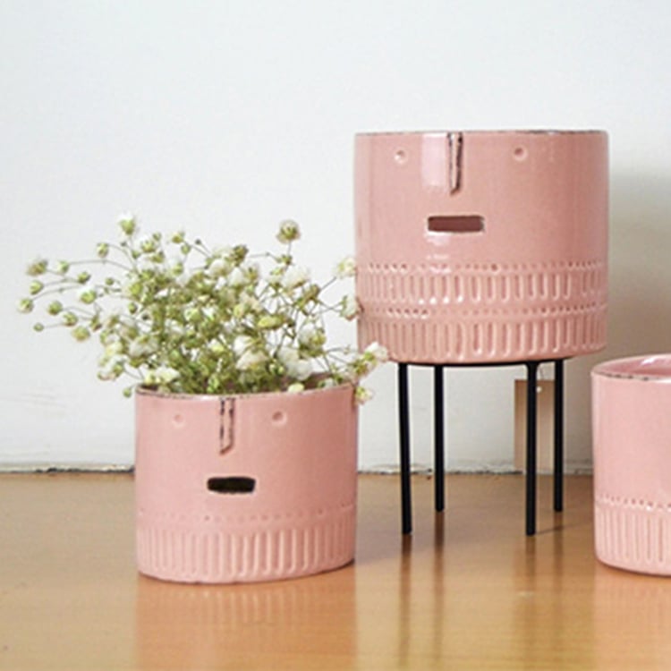 Chinese Face Design Pink Ceramic Glazed Flower Pot