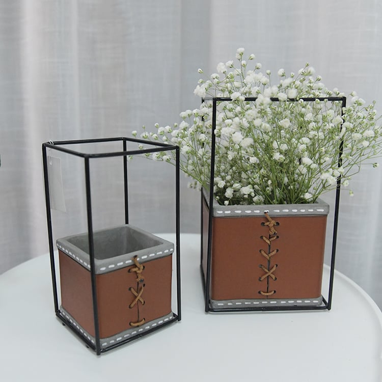 House Shape Metal Bracket Decorative Planter Leather Cover Cement Flower Pot