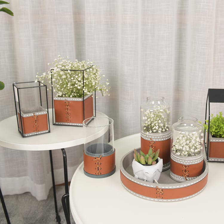 House Shape Metal Bracket Decorative Planter Leather Cover Cement Flower Pot