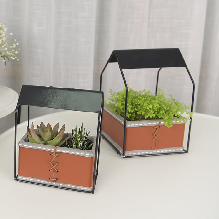 House Shape Metal Bracket Decorative Planter Leather Cover Cement Flower Pot