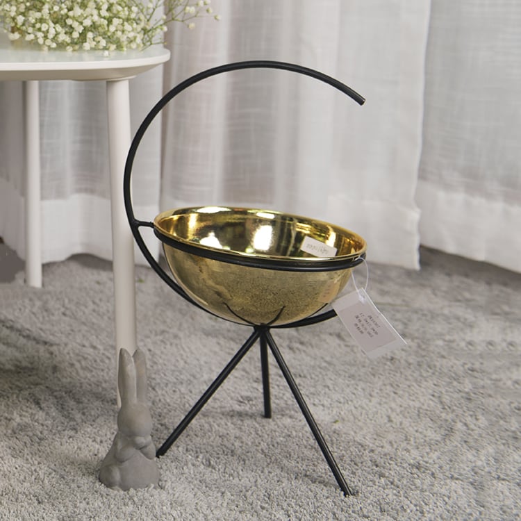 Customizable Size Round Shape Golden Metal Flower Pot With Iron Stand