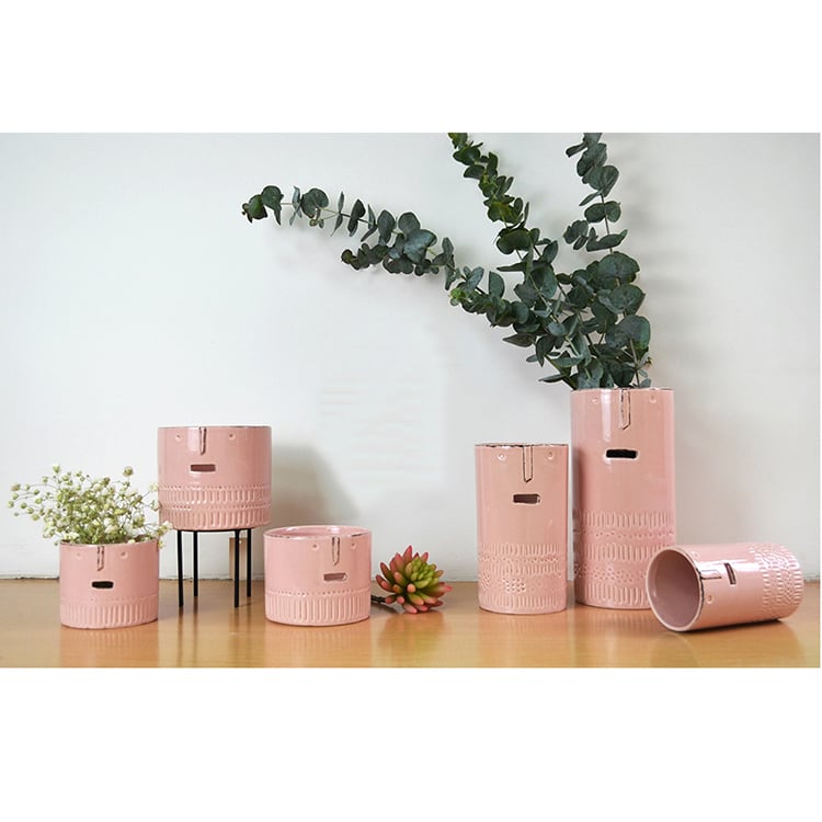 Chinese Face Design Pink Ceramic Glazed Flower Pot