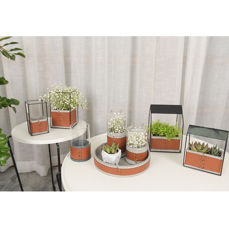 House Shape Metal Bracket Decorative Planter Leather Cover Cement Flower Pot