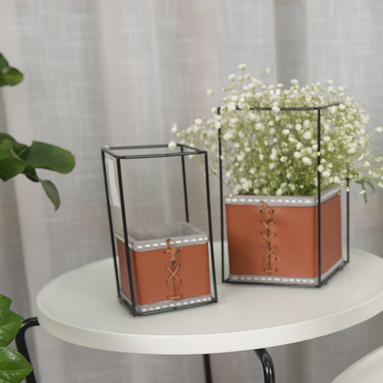 House Shape Metal Bracket Decorative Planter Leather Cover Cement Flower Pot