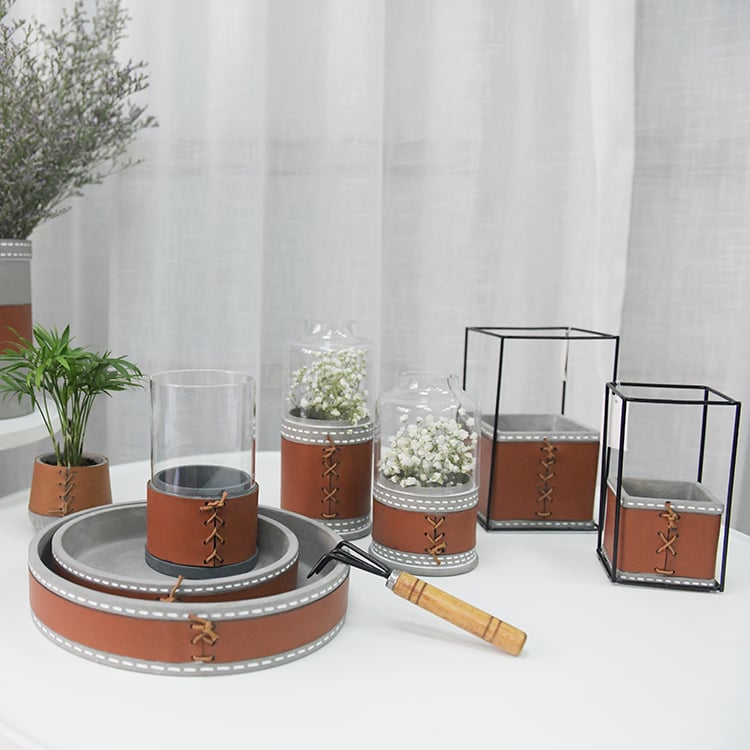 House Shape Metal Bracket Decorative Planter Leather Cover Cement Flower Pot