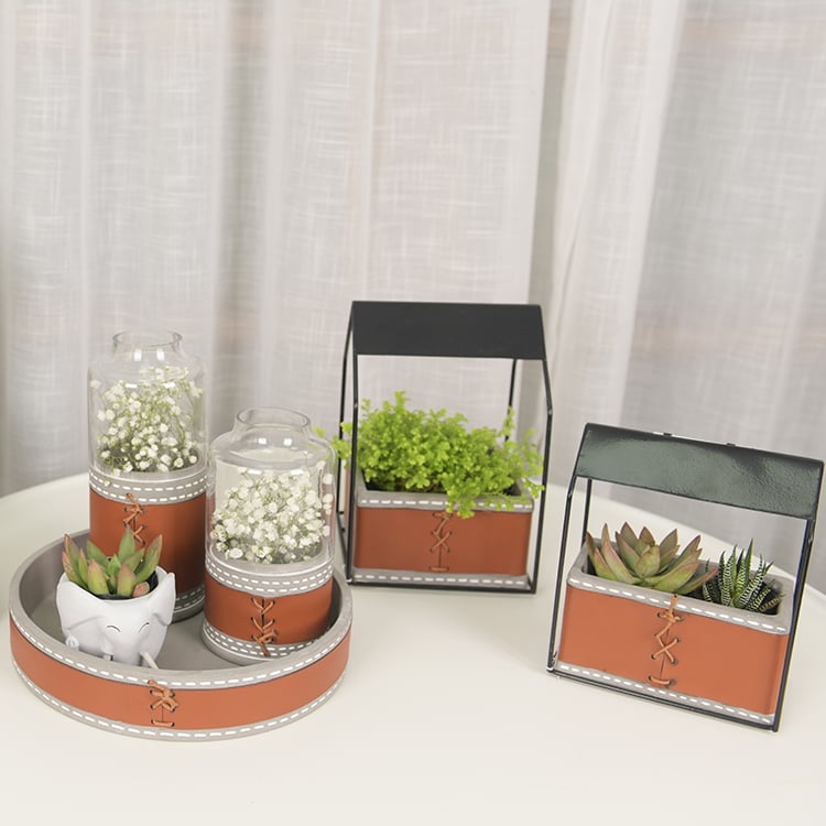 House Shape Metal Bracket Decorative Planter Leather Cover Cement Flower Pot