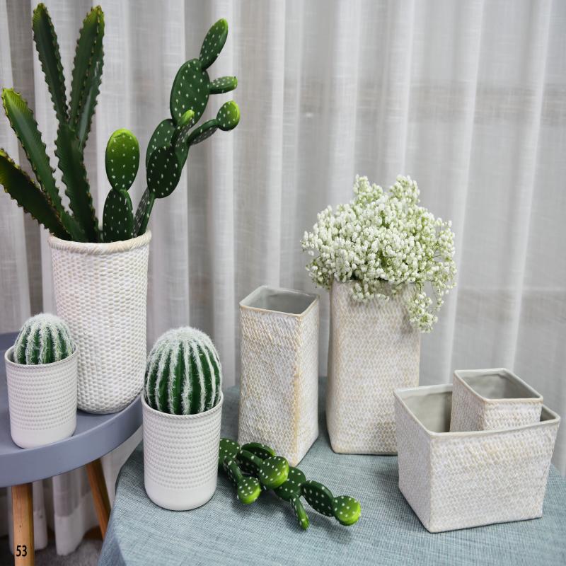 Large White Glaze Woven Effect Ceramic Flowerpot