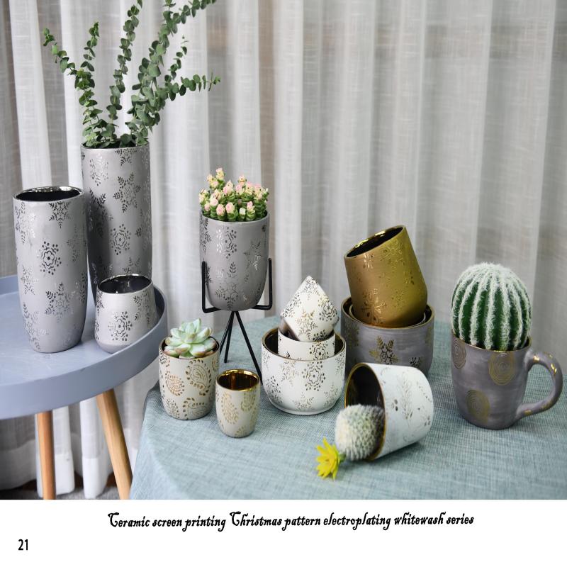 Ceramic Screen Printing Christmas Pattern Electroplating White Wash Series Ceramic Pots