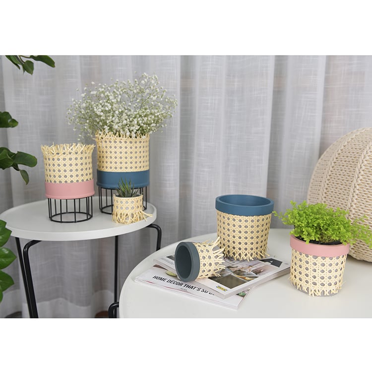 Custom Small Cement Concrete Planter Flower Pot With Rattan Design